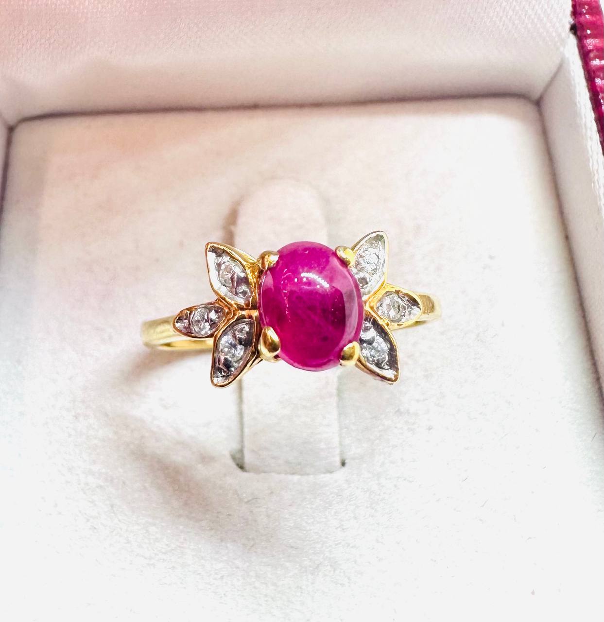 18K Gold Natural Ruby Ring with Natural Diamonds — Handcrafted