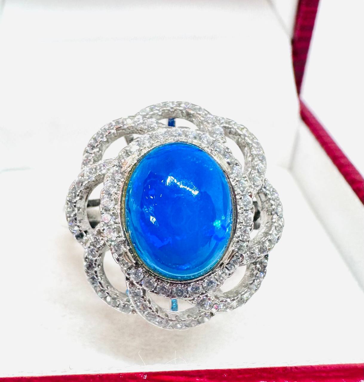 925 Sterling Silver, White Gold Plated Natural Opal Ring with Swiss Diamonds — Handcrafted