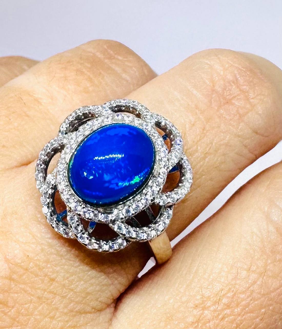 925 plata de ley, chapado en oro blanco ópalo natural anillo con Swiss diamantes 5