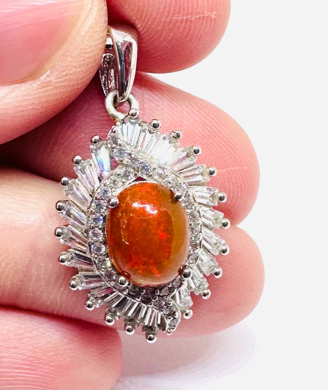 925 Sterling Silver, White Gold Plated Natural Opal Pendant with Swiss Diamonds — Handcrafted