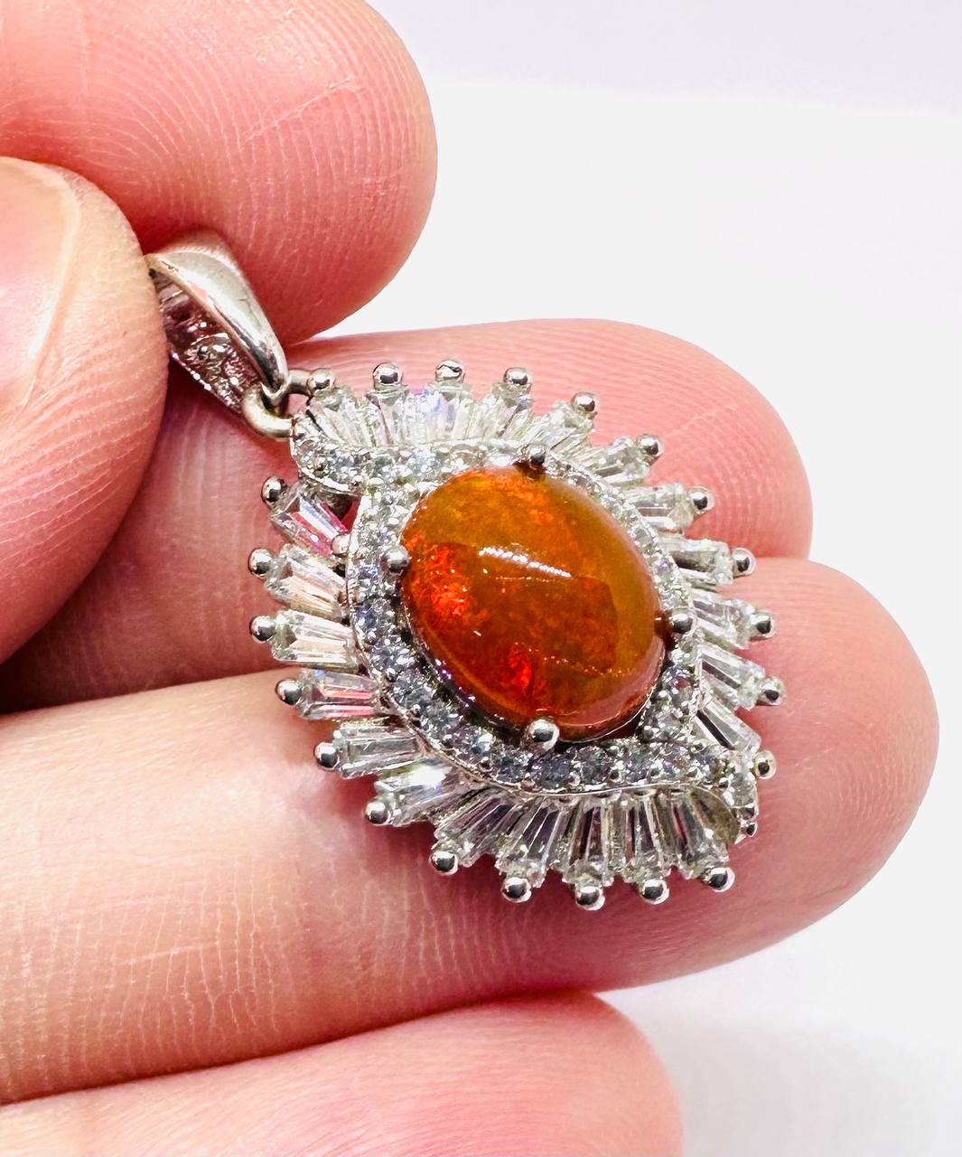 925 Sterling Silver, White Gold Plated Natural Opal Pendant with Swiss Diamonds — Handcrafted 2