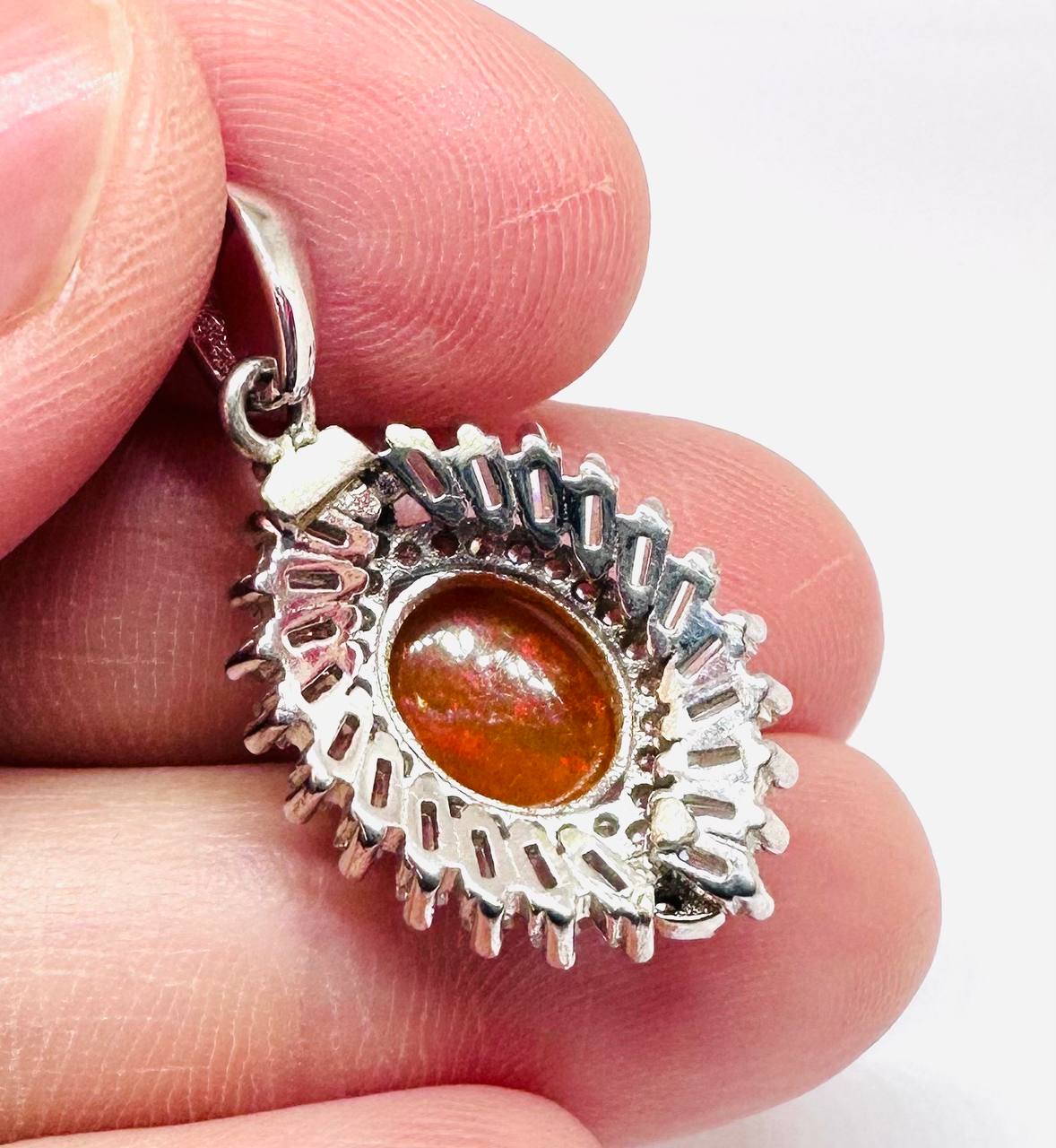 925 Sterling Silver, White Gold Plated Natural Opal Pendant with Swiss Diamonds — Handcrafted 3
