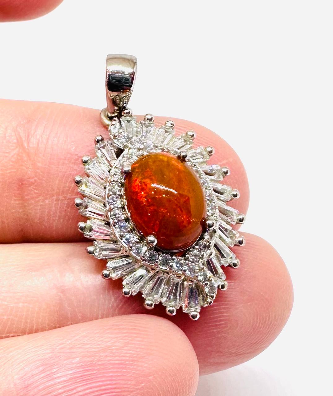 925 Sterling Silver, White Gold Plated Natural Opal Pendant with Swiss Diamonds — Handcrafted 4