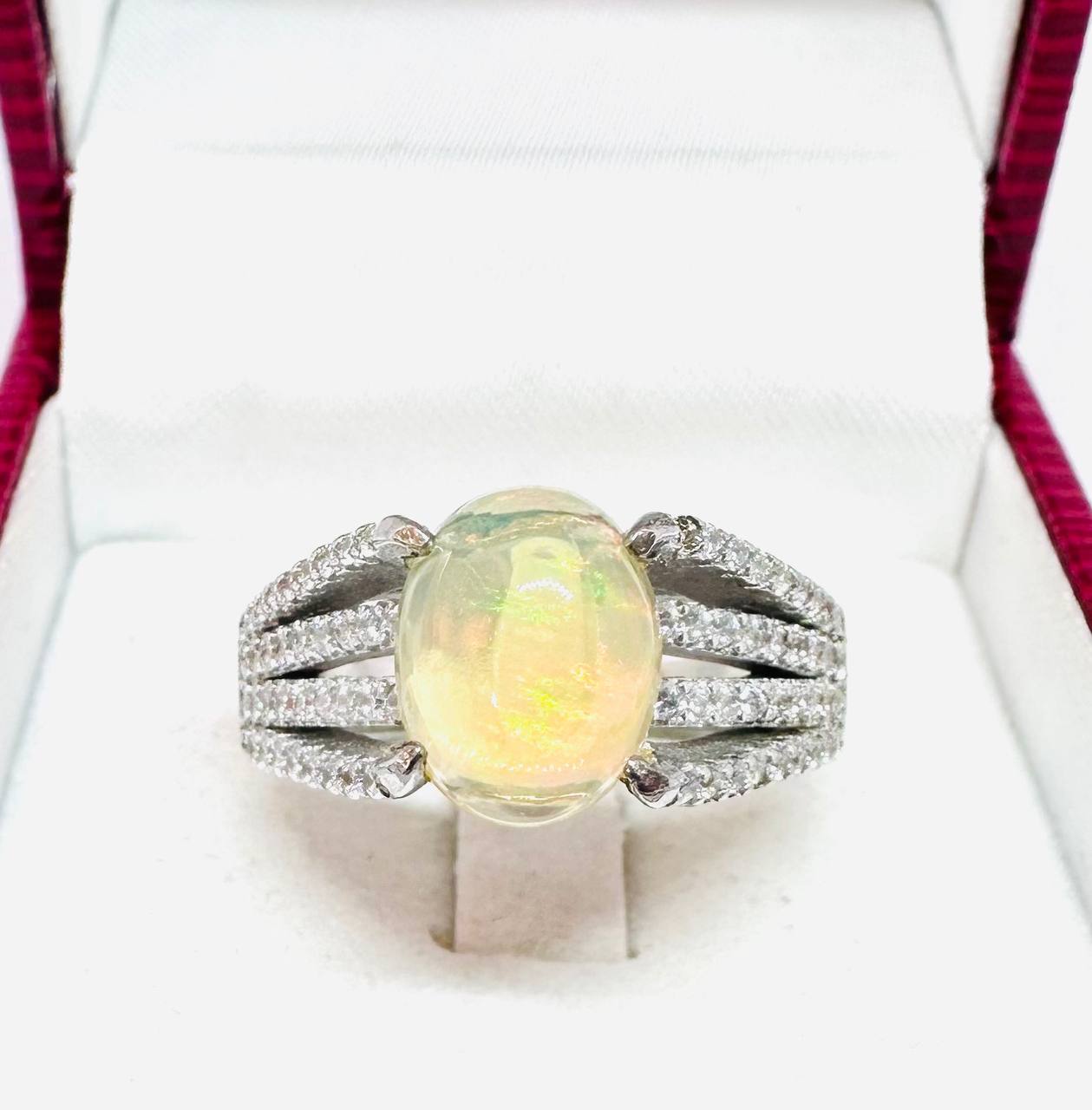 925 Sterling Silver, White Gold Plated Natural Opal Ring with Swiss Diamonds — Handcrafted