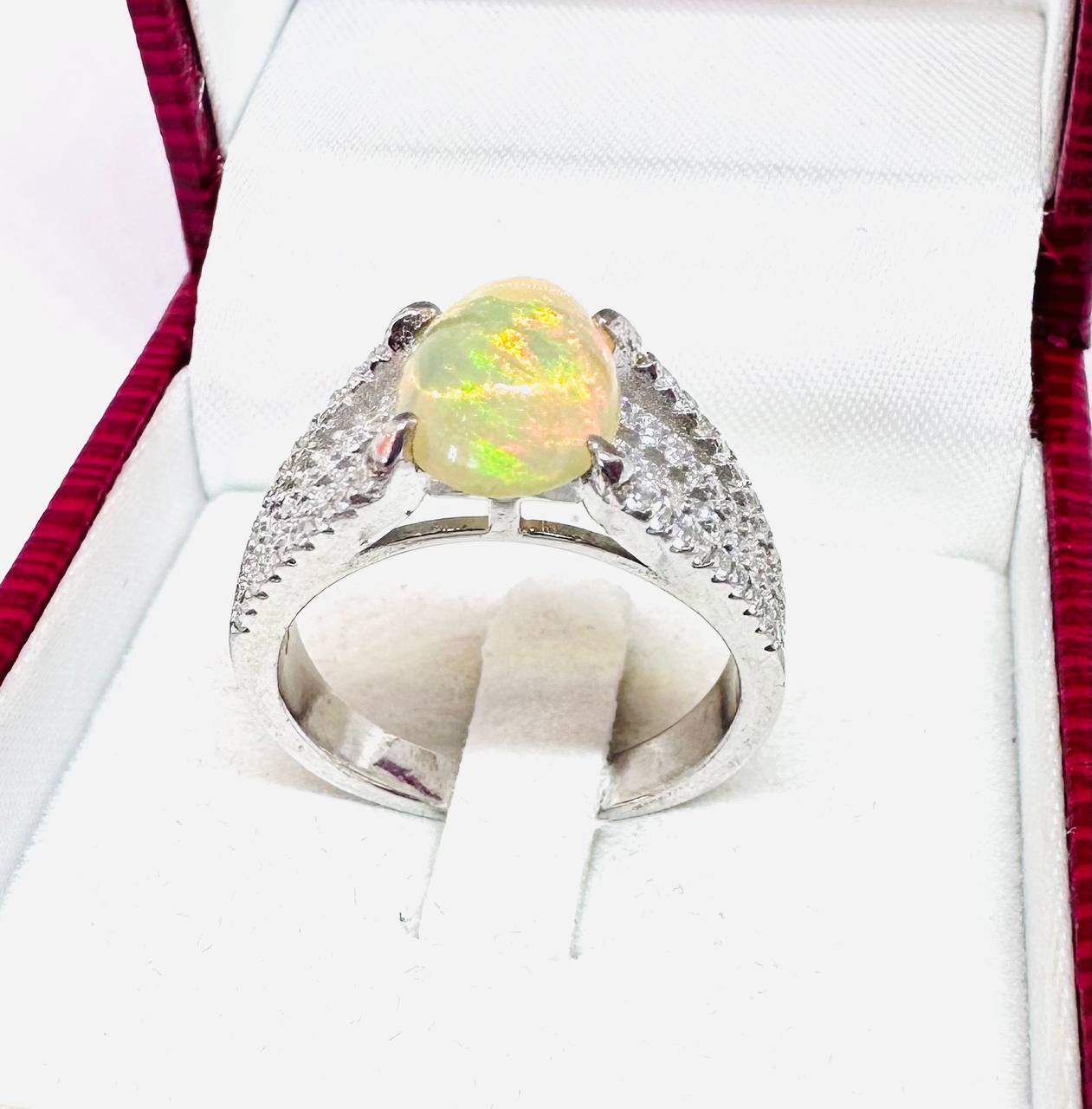 925 plata de ley, chapado en oro blanco ópalo natural anillo con Swiss diamantes 2