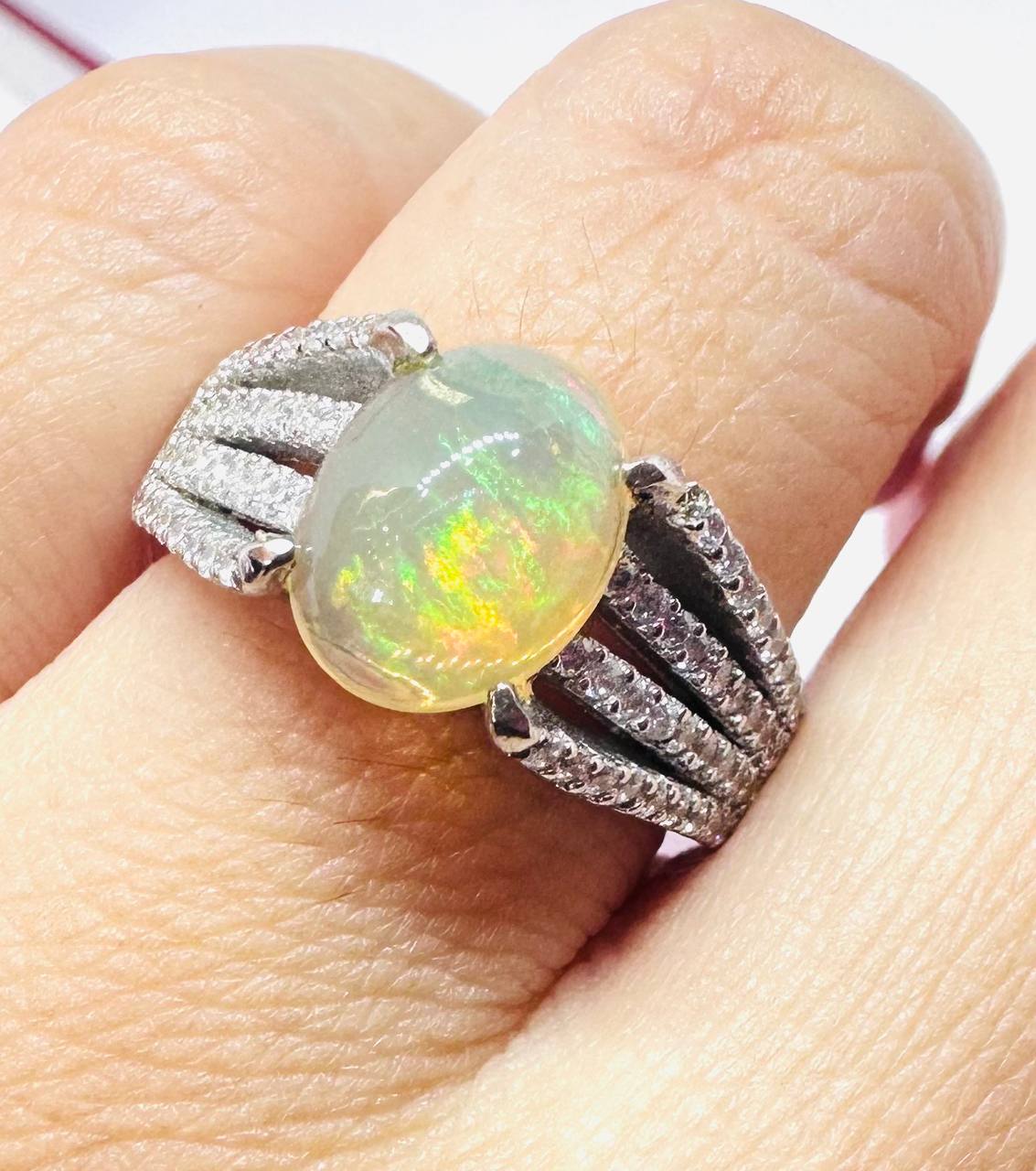 925 plata de ley, chapado en oro blanco ópalo natural anillo con Swiss diamantes 3