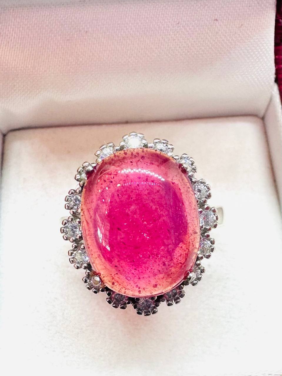 925 Sterling Silver, White Gold Plated Natural Ruby Ring with Swiss Diamonds — Handcrafted