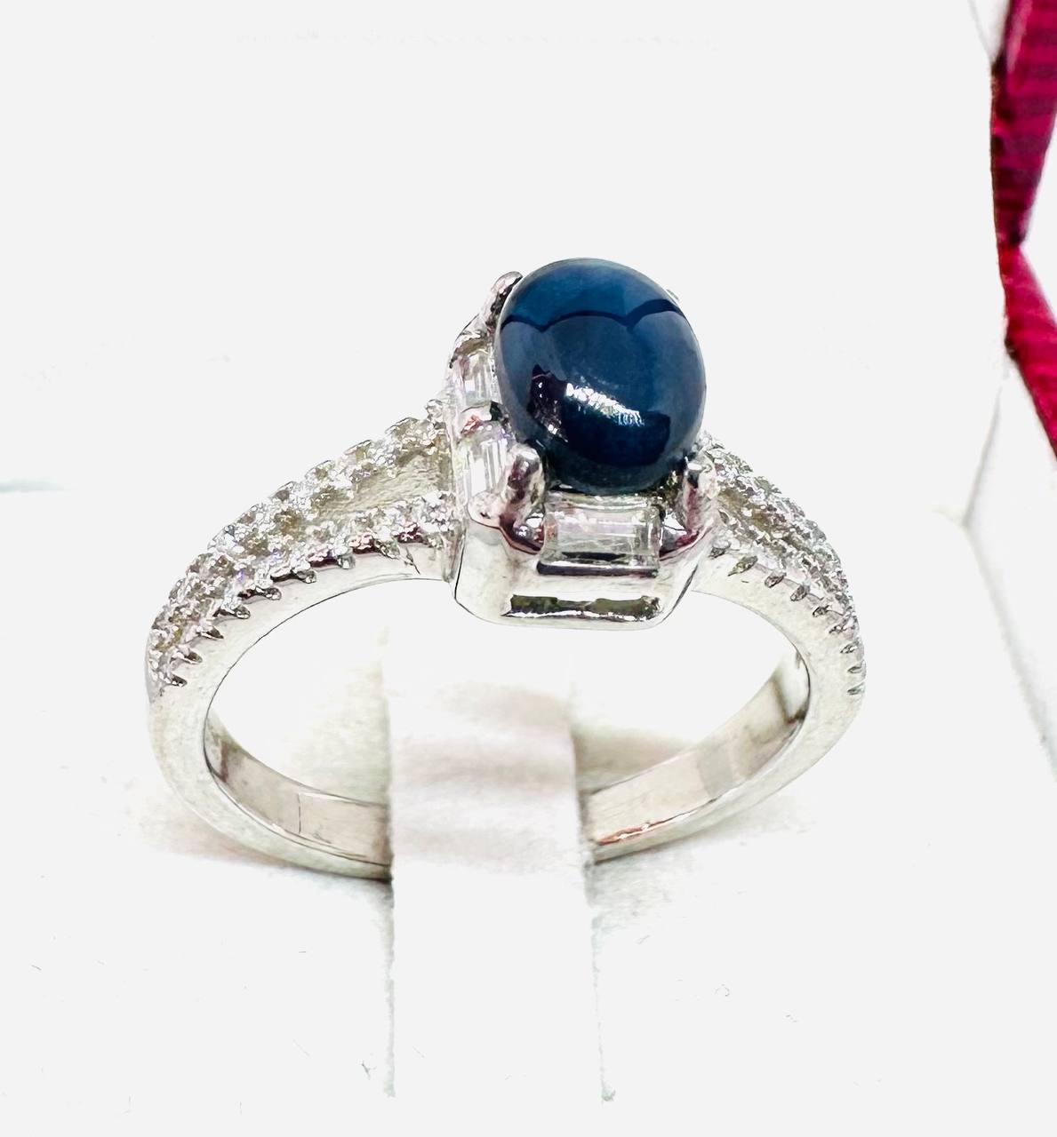 925 Sterling Silver, White Gold Plated Natural Gemstone Ring with Swiss Diamonds — Handcrafted 2