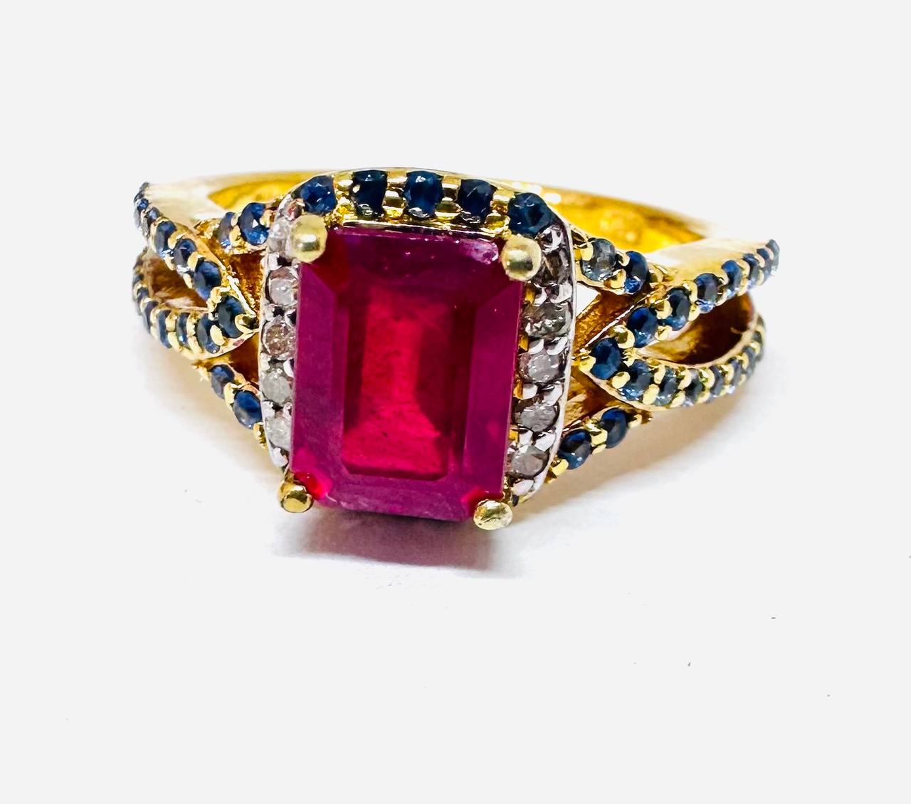925 Sterling Silver, Gold Plated Natural Ruby Ring with Natural Diamonds — Handcrafted