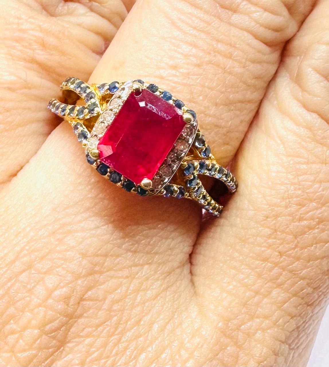 925 Sterling Silver, Gold Plated Natural Ruby Ring with Natural Diamonds — Handcrafted 2