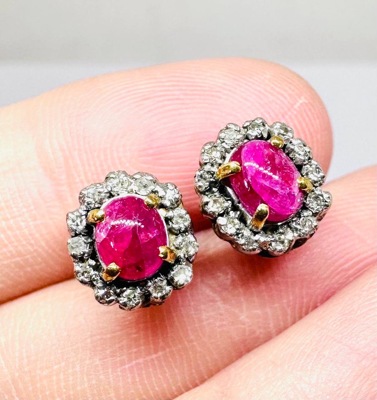 925 Sterling Silver Natural Ruby Stud Earrings with Natural Diamonds — Handcrafted