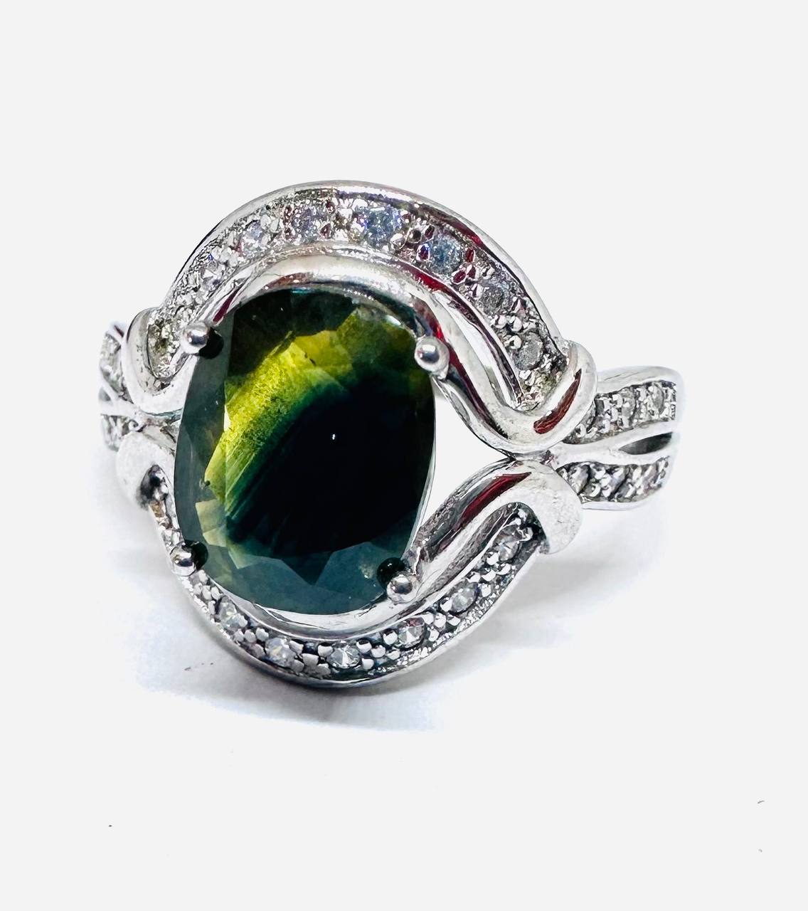 925 Sterling Silver, White Gold Plated Natural Green Stone Ring with Swiss Diamonds — Handcrafted