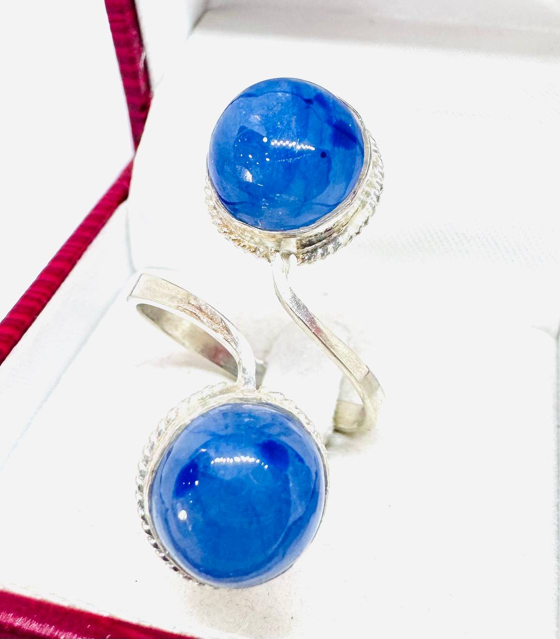 925 Sterling Silver, White Gold Plated Natural Cabochon Sapphire Ring — Handcrafted