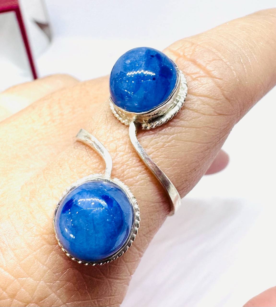 925 Sterling Silver, White Gold Plated Natural Cabochon Sapphire Ring — Handcrafted 3