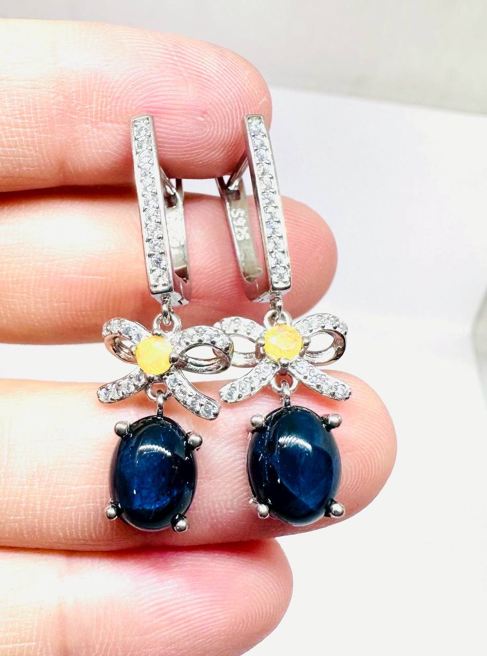 925 Sterling Silver, White Gold Plated Natural Sapphire Drop Earrings with Swiss Diamonds — Handcrafted