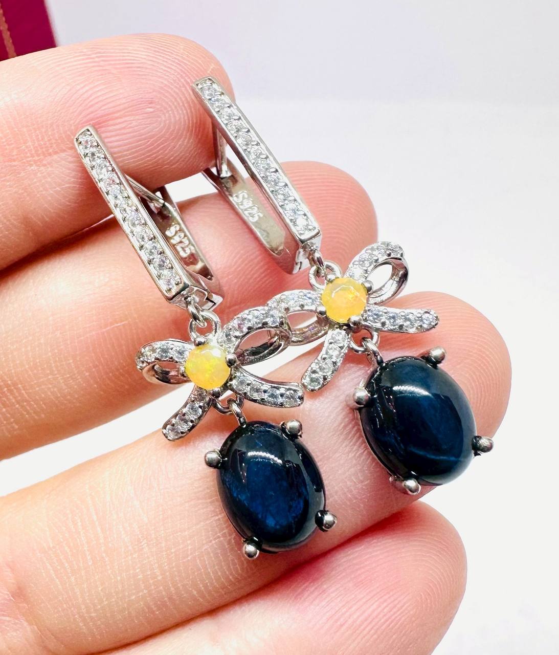 925 Sterling Silver, White Gold Plated Natural Sapphire Drop Earrings with Swiss Diamonds — Handcrafted 2