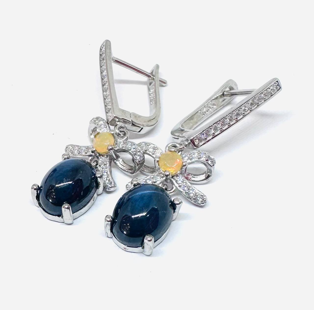 925 Sterling Silver, White Gold Plated Natural Sapphire Drop Earrings with Swiss Diamonds — Handcrafted 3