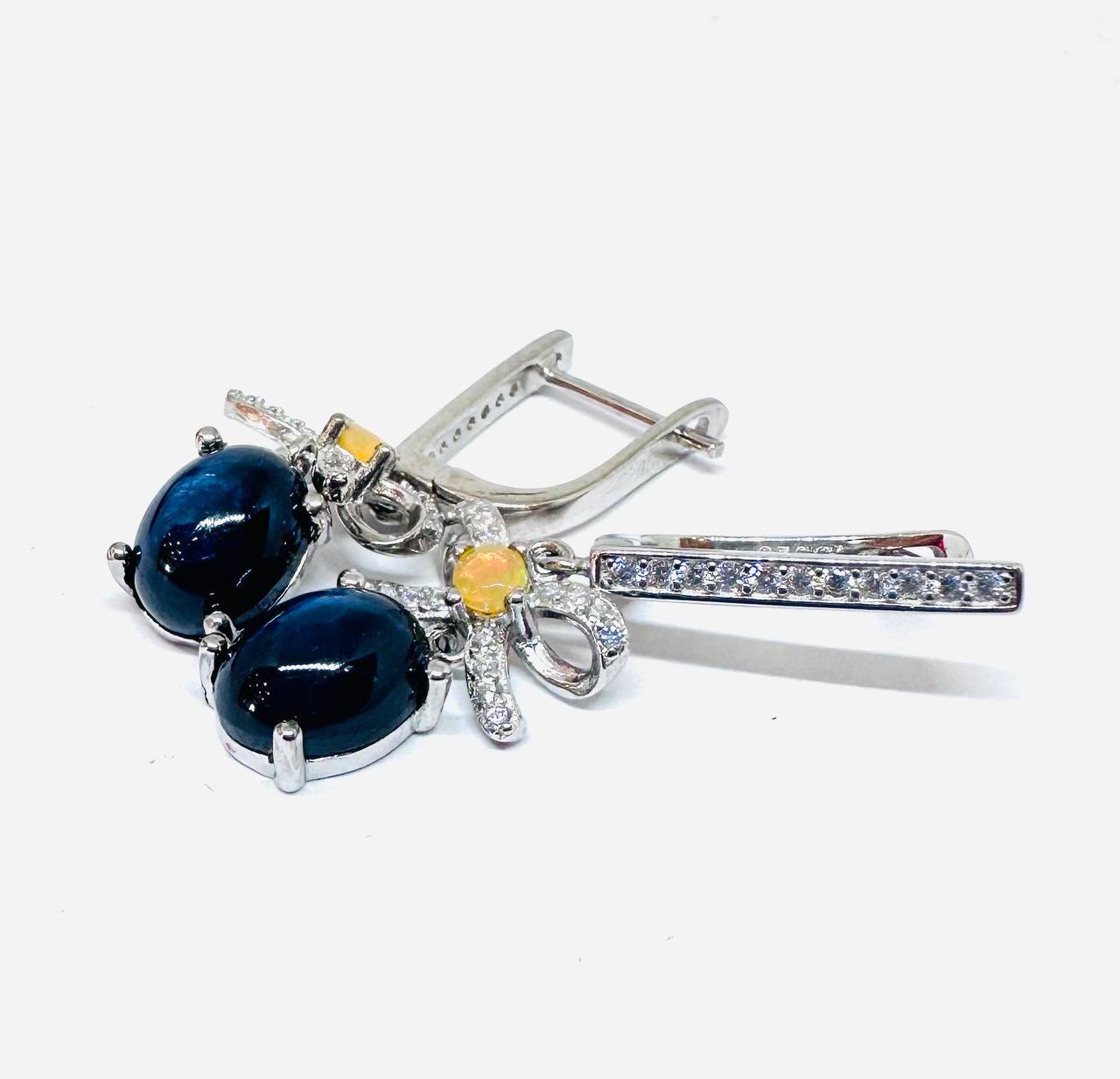 925 Sterling Silver, White Gold Plated Natural Sapphire Drop Earrings with Swiss Diamonds — Handcrafted 4