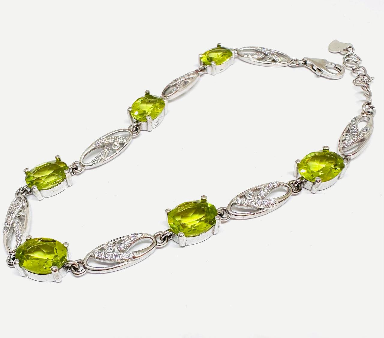 925 Sterling Silver, White Gold Plated Natural Peridot Bracelet with Swiss Diamonds — Handcrafted