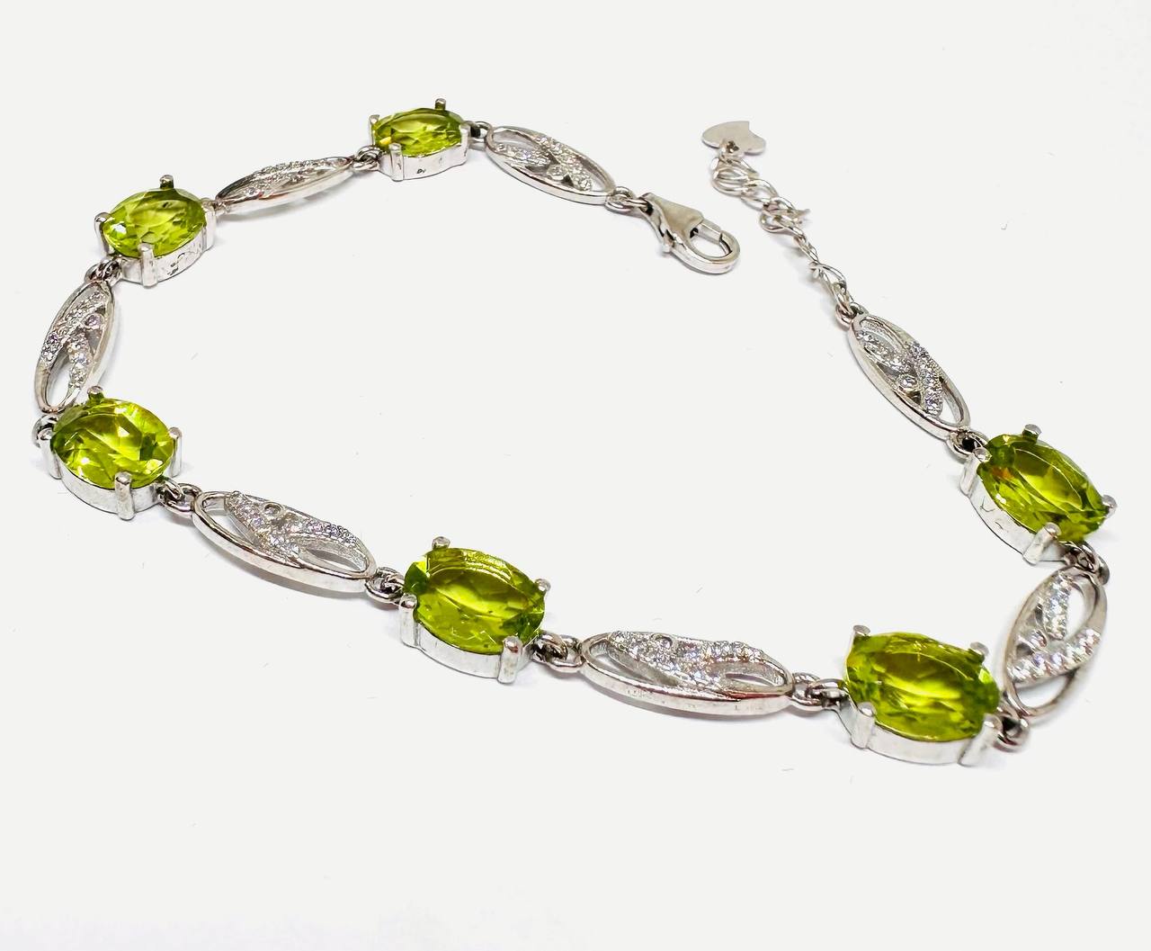 925 Sterling Silver, White Gold Plated Natural Peridot Bracelet with Swiss Diamonds — Handcrafted 2