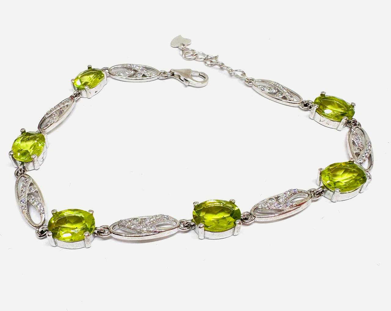 925 Sterling Silver, White Gold Plated Natural Peridot Bracelet with Swiss Diamonds — Handcrafted 3