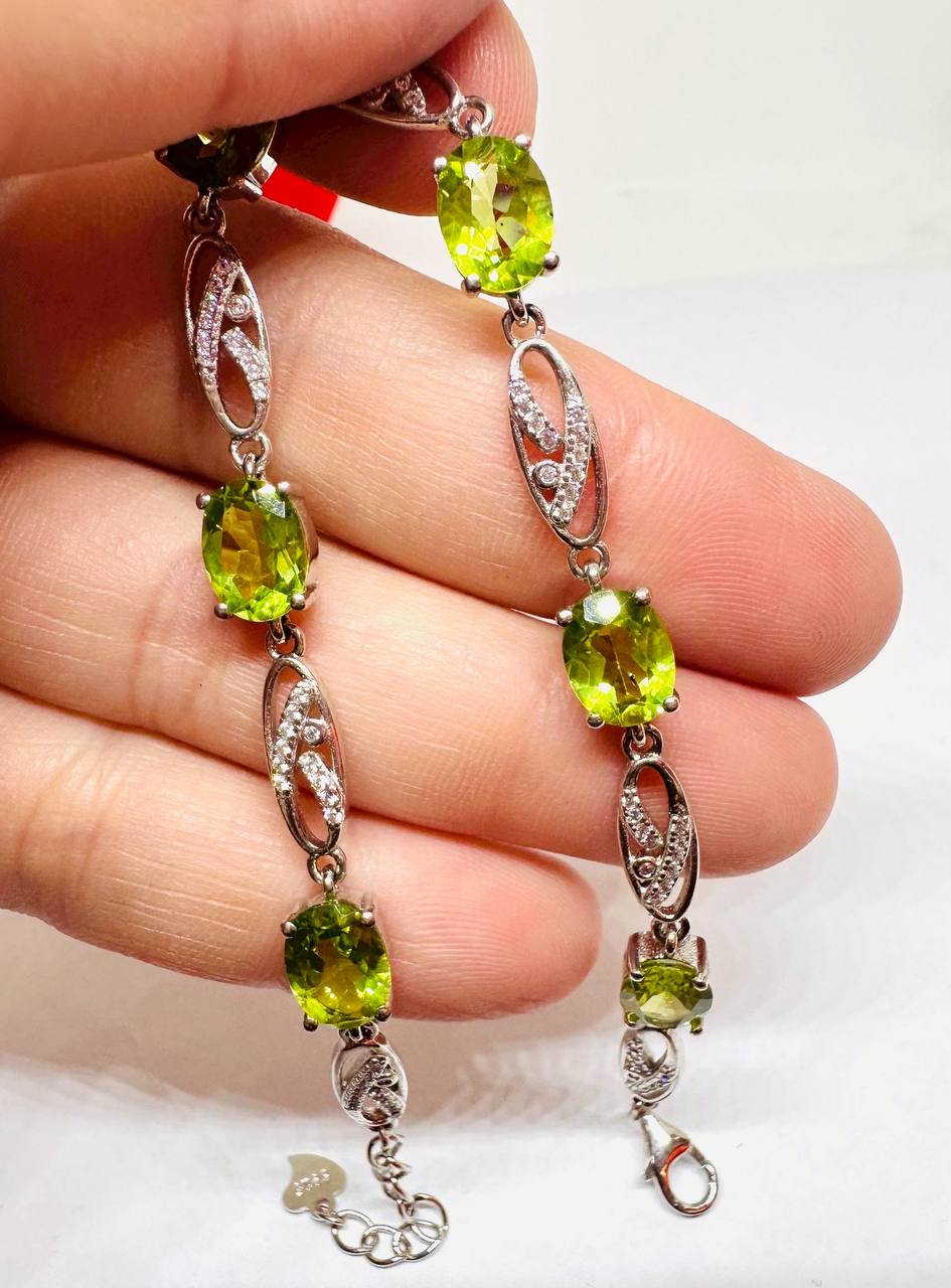 925 Sterling Silver, White Gold Plated Natural Peridot Bracelet with Swiss Diamonds — Handcrafted 4