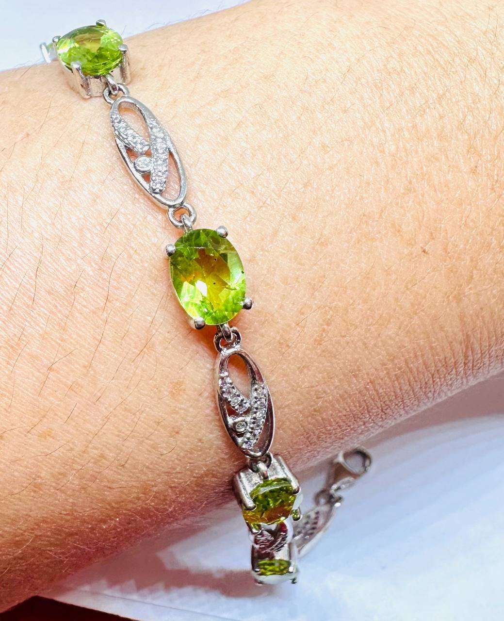 925 Sterling Silver, White Gold Plated Natural Peridot Bracelet with Swiss Diamonds — Handcrafted 5