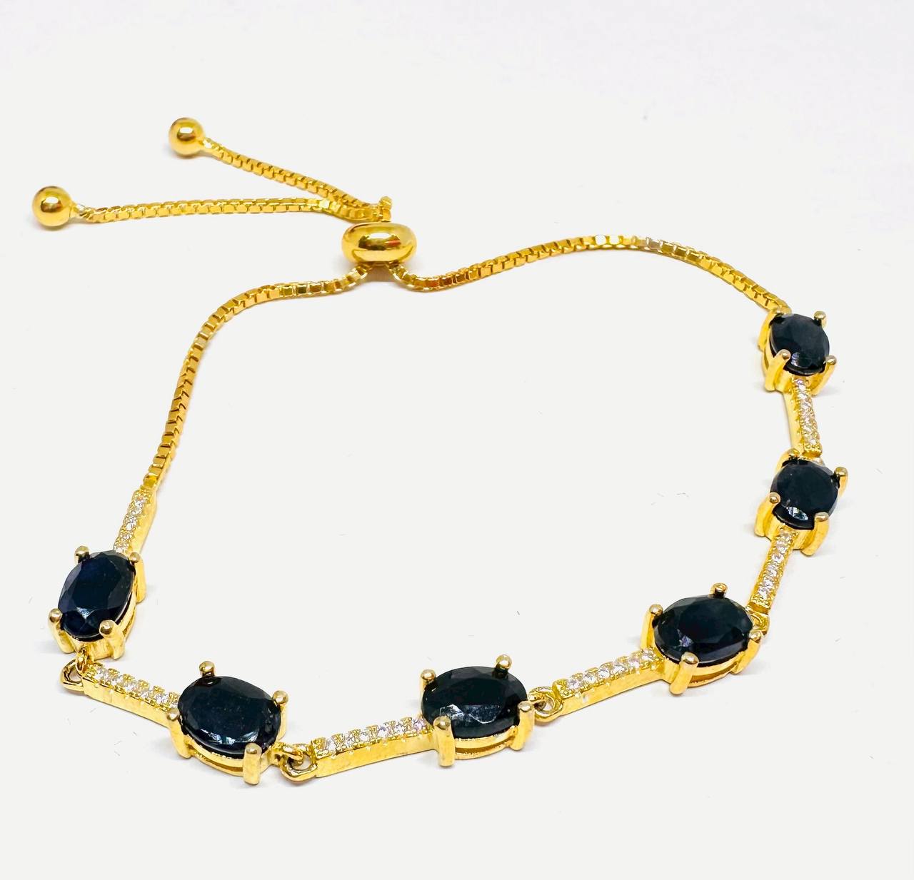 925 Sterling Silver, Gold Plated Natural Faceted Sapphire Bracelet with Swiss Diamonds — Handcrafted