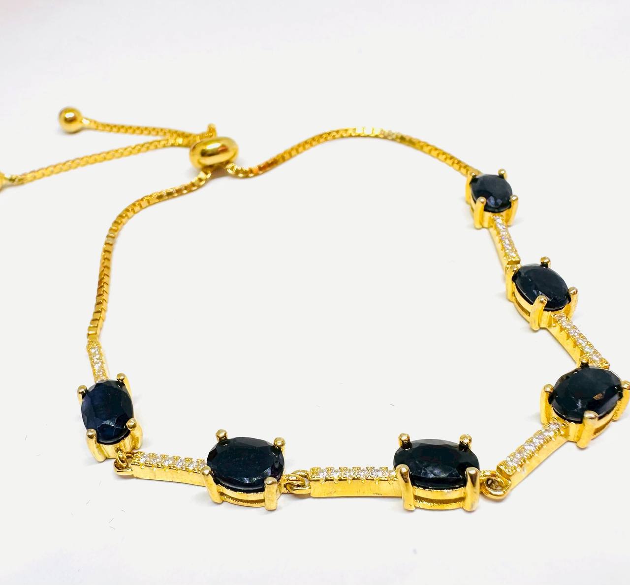 925 Sterling Silver, Gold Plated Natural Faceted Sapphire Bracelet with Swiss Diamonds — Handcrafted 2