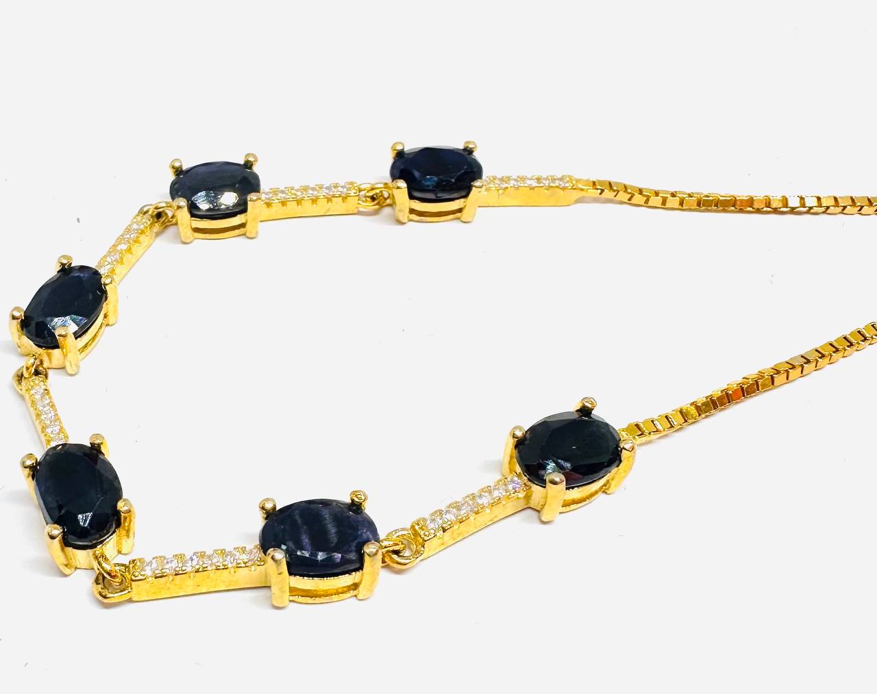 925 Sterling Silver, Gold Plated Natural Faceted Sapphire Bracelet with Swiss Diamonds — Handcrafted 3