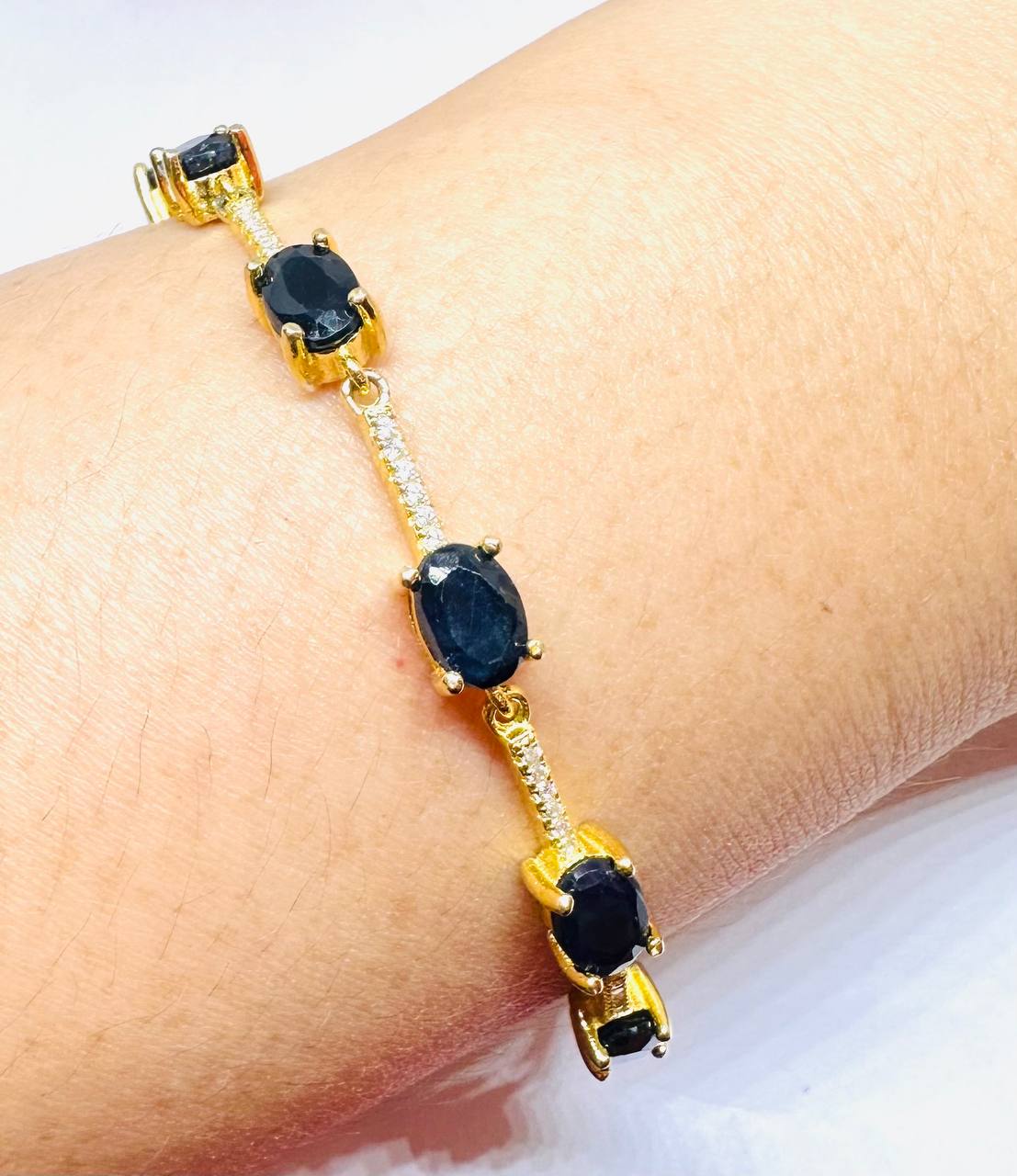 925 Sterling Silver, Gold Plated Natural Faceted Sapphire Bracelet with Swiss Diamonds — Handcrafted 4