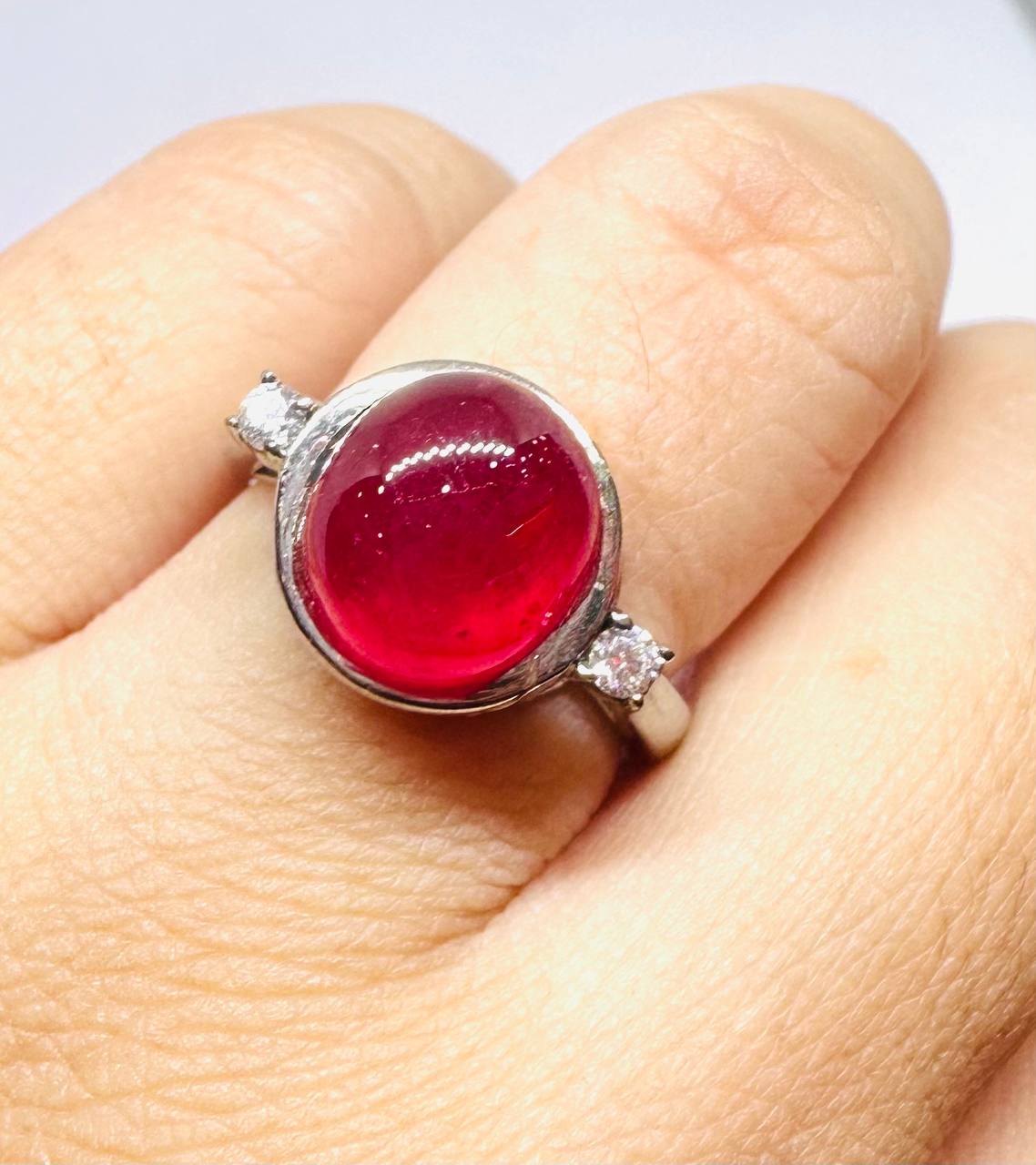 925 Sterling Silver, White Gold Plated Natural Cabochon Ruby Ring with Swiss Diamonds — Handcrafted