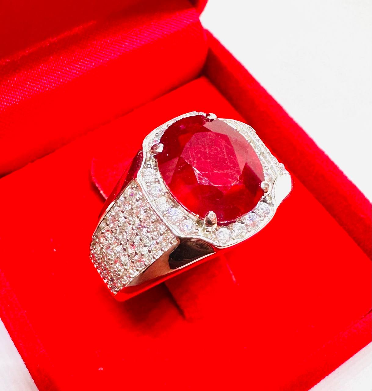925 Sterling Silver, White Gold Plated Natural Ruby Ring with Swiss Diamonds — Handcrafted