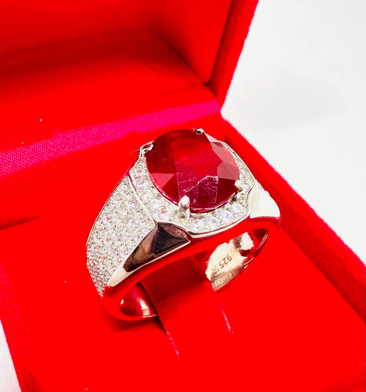 925 Sterling Silver, White Gold Plated Natural Ruby Ring with Swiss Diamonds — Handcrafted 2