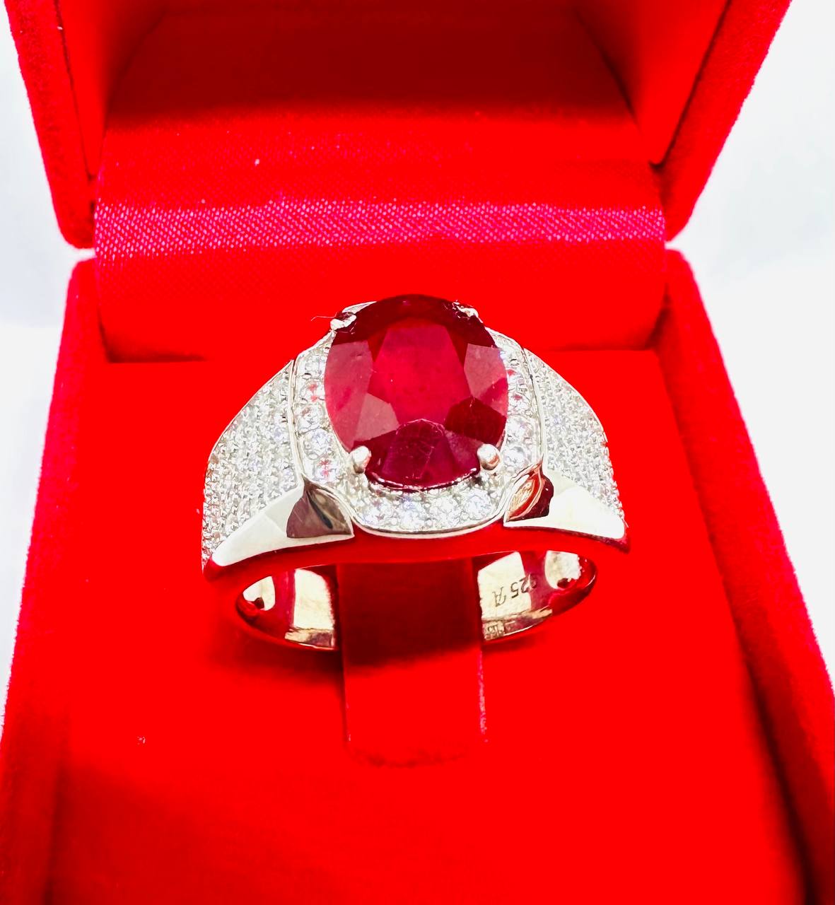 925 Sterling Silver, White Gold Plated Natural Ruby Ring with Swiss Diamonds — Handcrafted 3