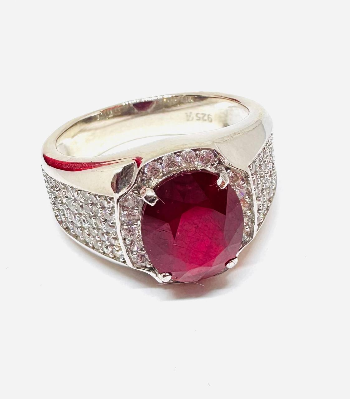 925 Sterling Silver, White Gold Plated Natural Ruby Ring with Swiss Diamonds — Handcrafted 4