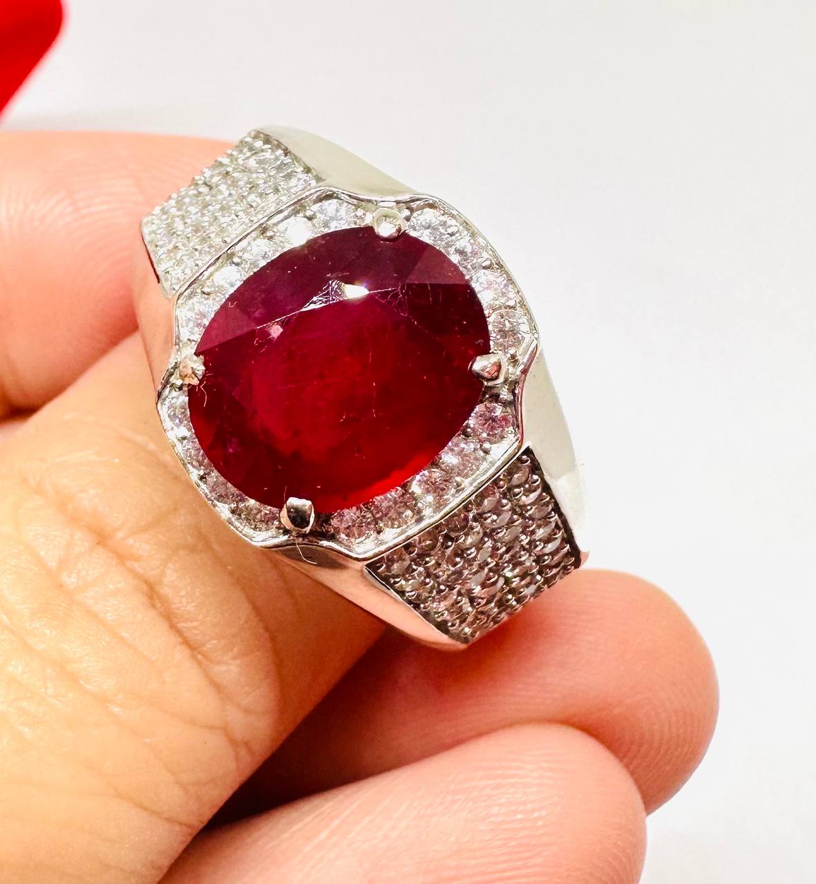 925 Sterling Silver, White Gold Plated Natural Ruby Ring with Swiss Diamonds — Handcrafted 5