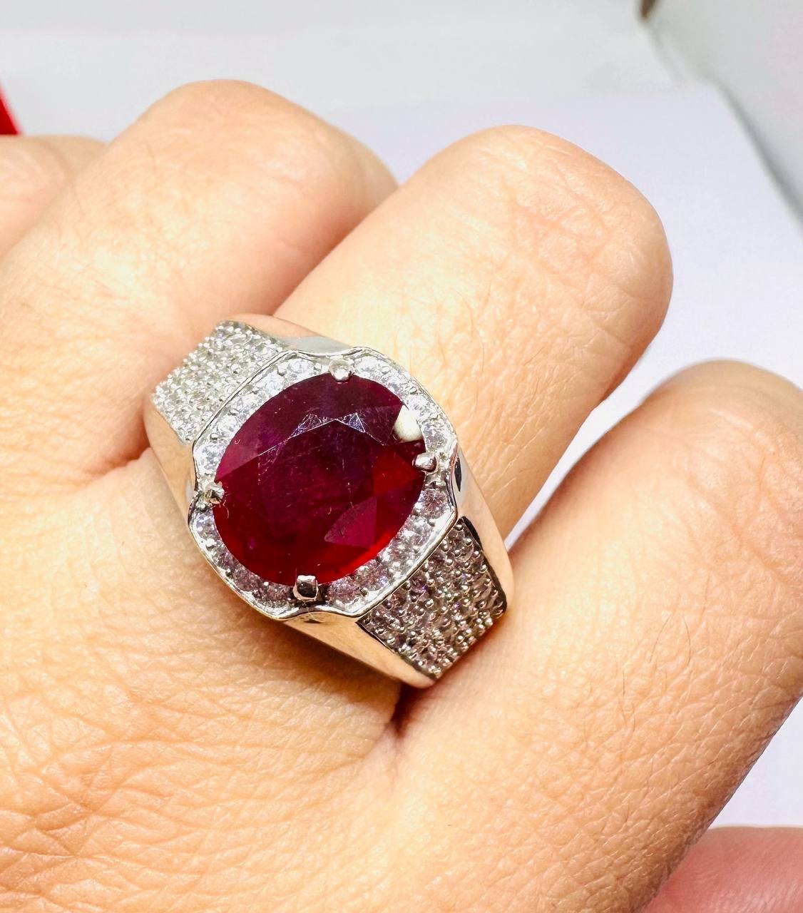 925 Sterling Silver, White Gold Plated Natural Ruby Ring with Swiss Diamonds — Handcrafted 6