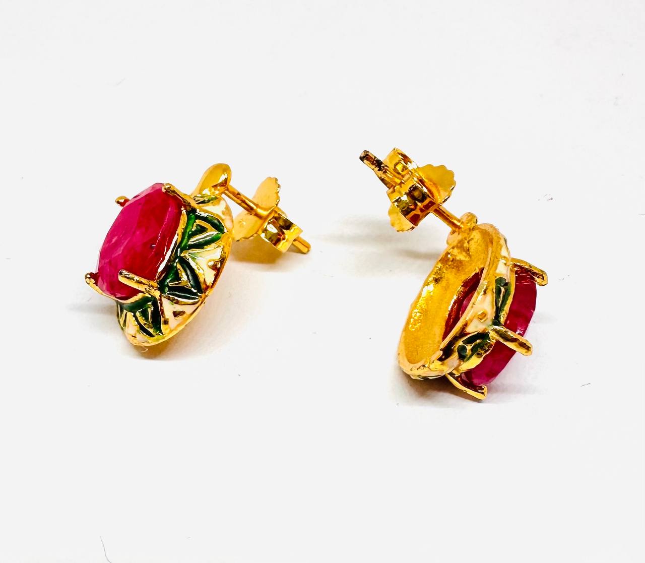925 Sterling Silver, Gold Plated Natural Ruby Stud Earrings — Handcrafted 3