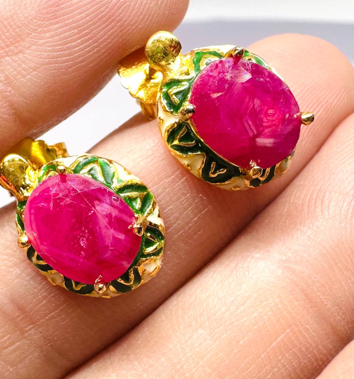 925 Sterling Silver, Gold Plated Natural Ruby Stud Earrings — Handcrafted 4