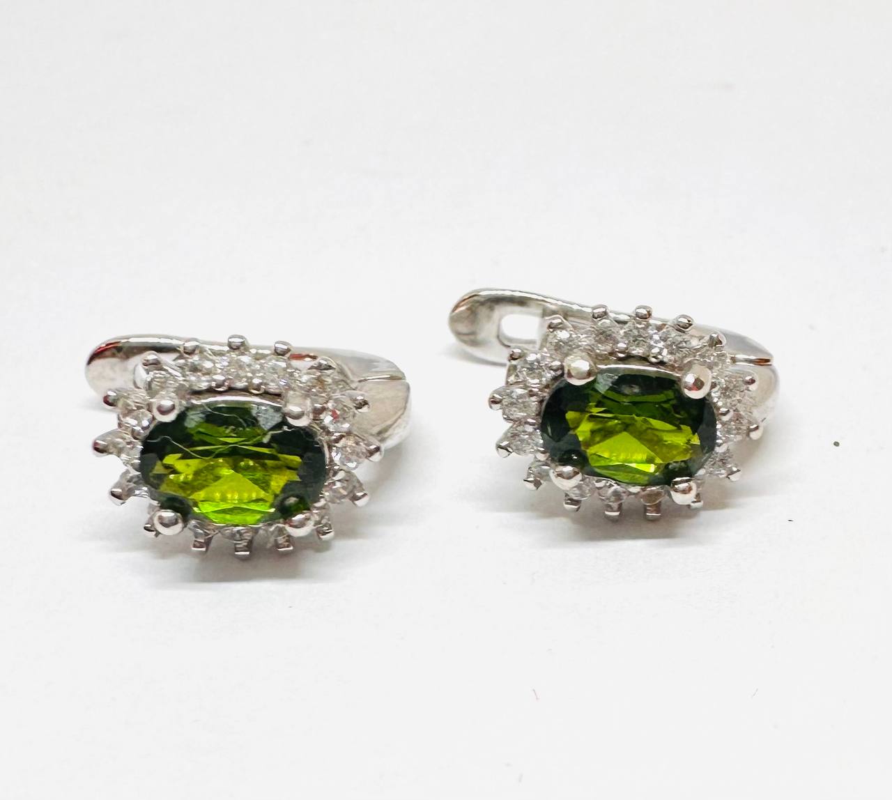 925 Sterling Silver, White Gold Plated Natural Green Stone Drop Earrings with Swiss Diamonds — Handcrafted