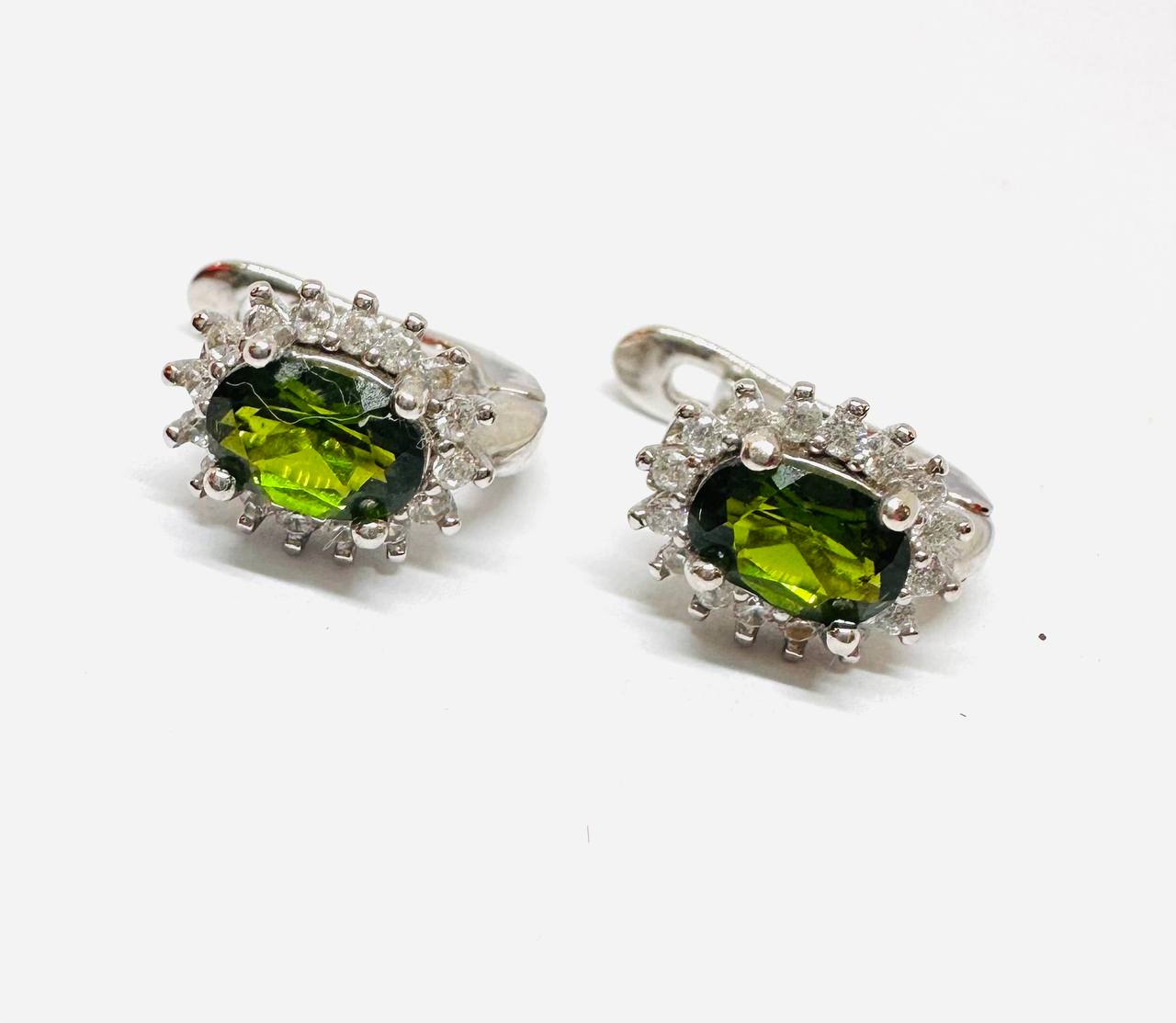 925 Sterling Silver, White Gold Plated Natural Green Stone Drop Earrings with Swiss Diamonds — Handcrafted 2