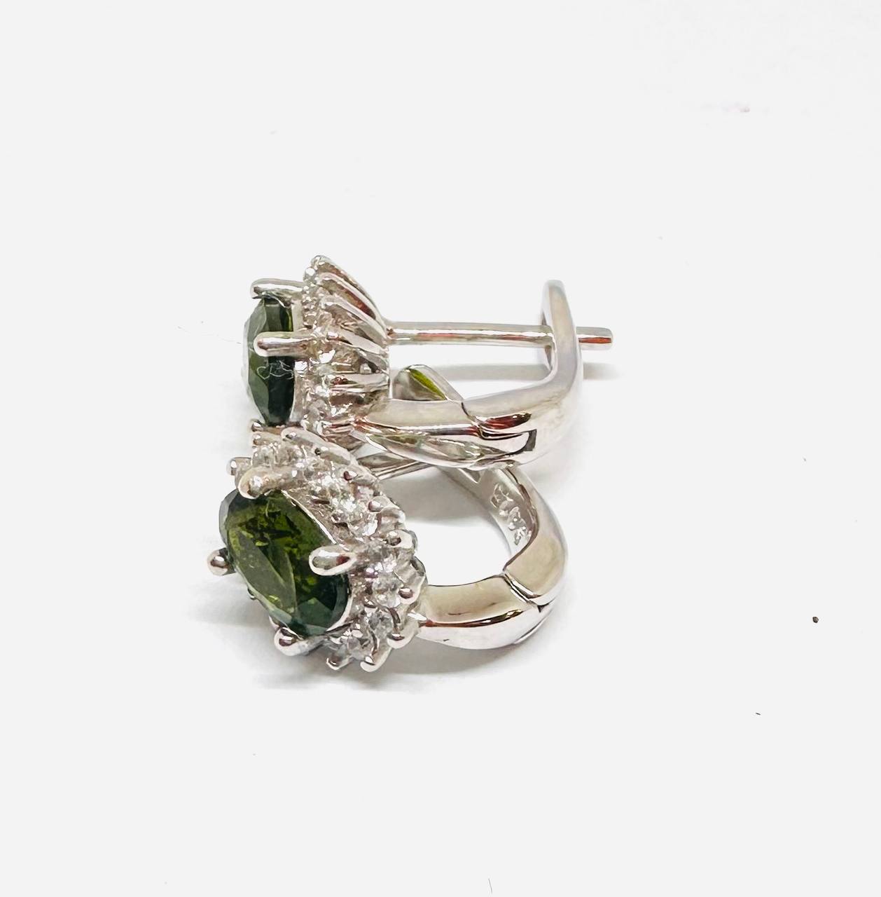 925 Sterling Silver, White Gold Plated Natural Green Stone Drop Earrings with Swiss Diamonds — Handcrafted 3
