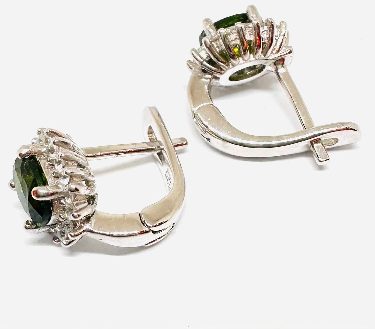 925 Sterling Silver, White Gold Plated Natural Green Stone Drop Earrings with Swiss Diamonds — Handcrafted 4