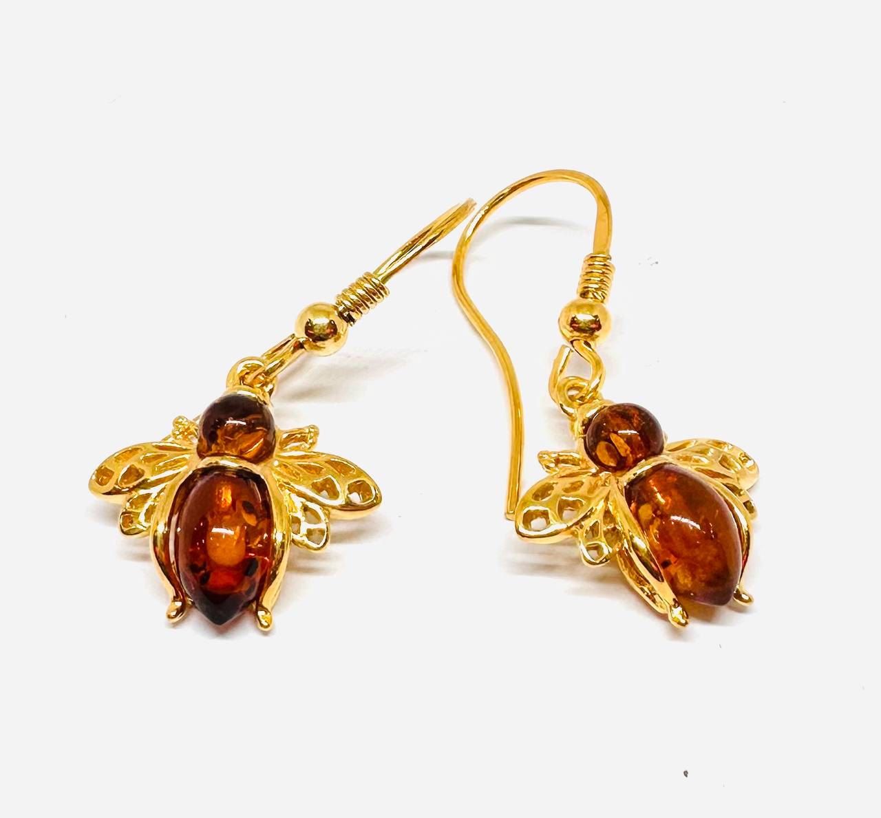 925 Sterling Silver, White Gold Plated Natural Amber Drop Earrings — Handcrafted
