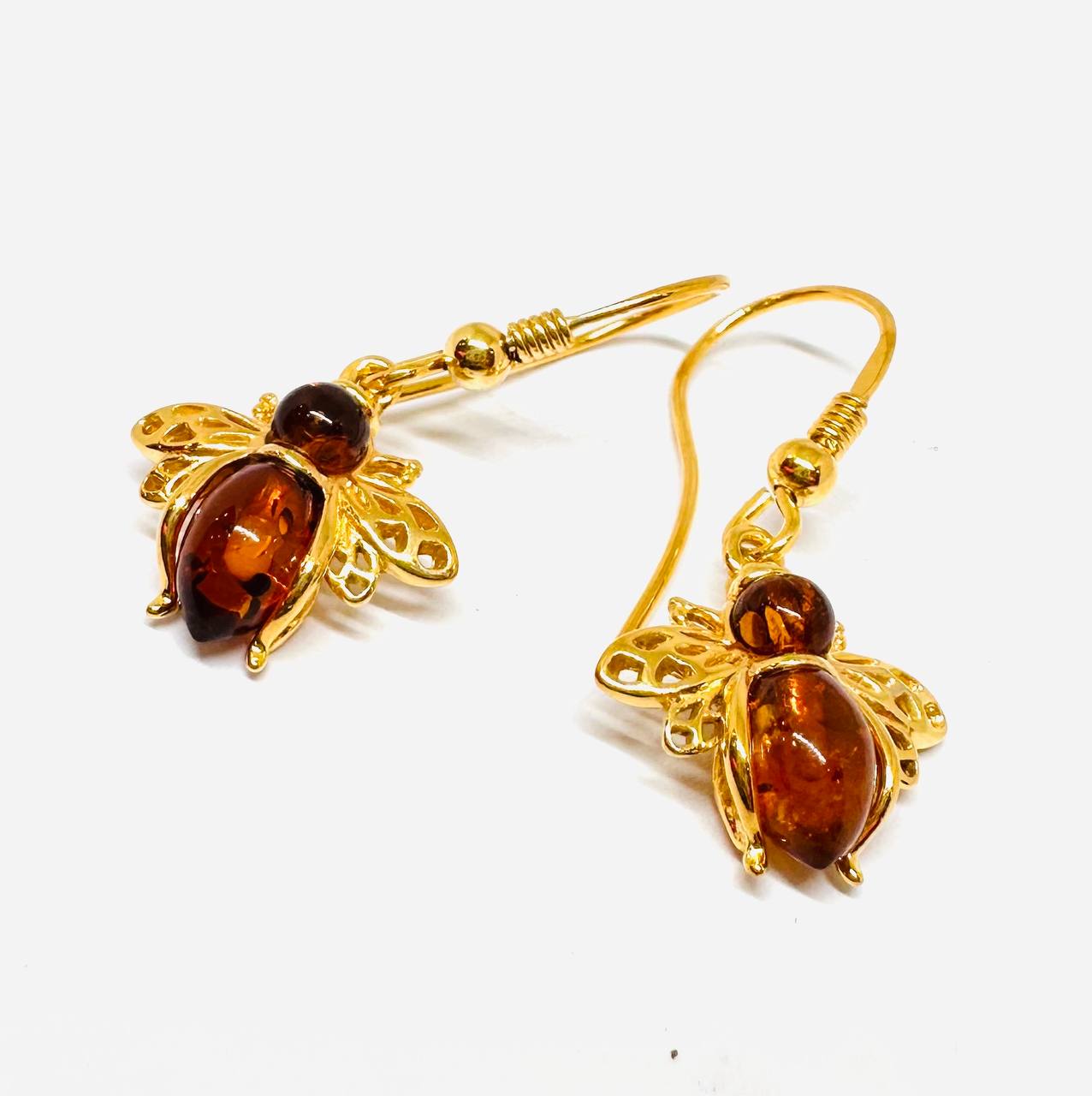 925 Sterling Silver, White Gold Plated Natural Amber Drop Earrings — Handcrafted 2
