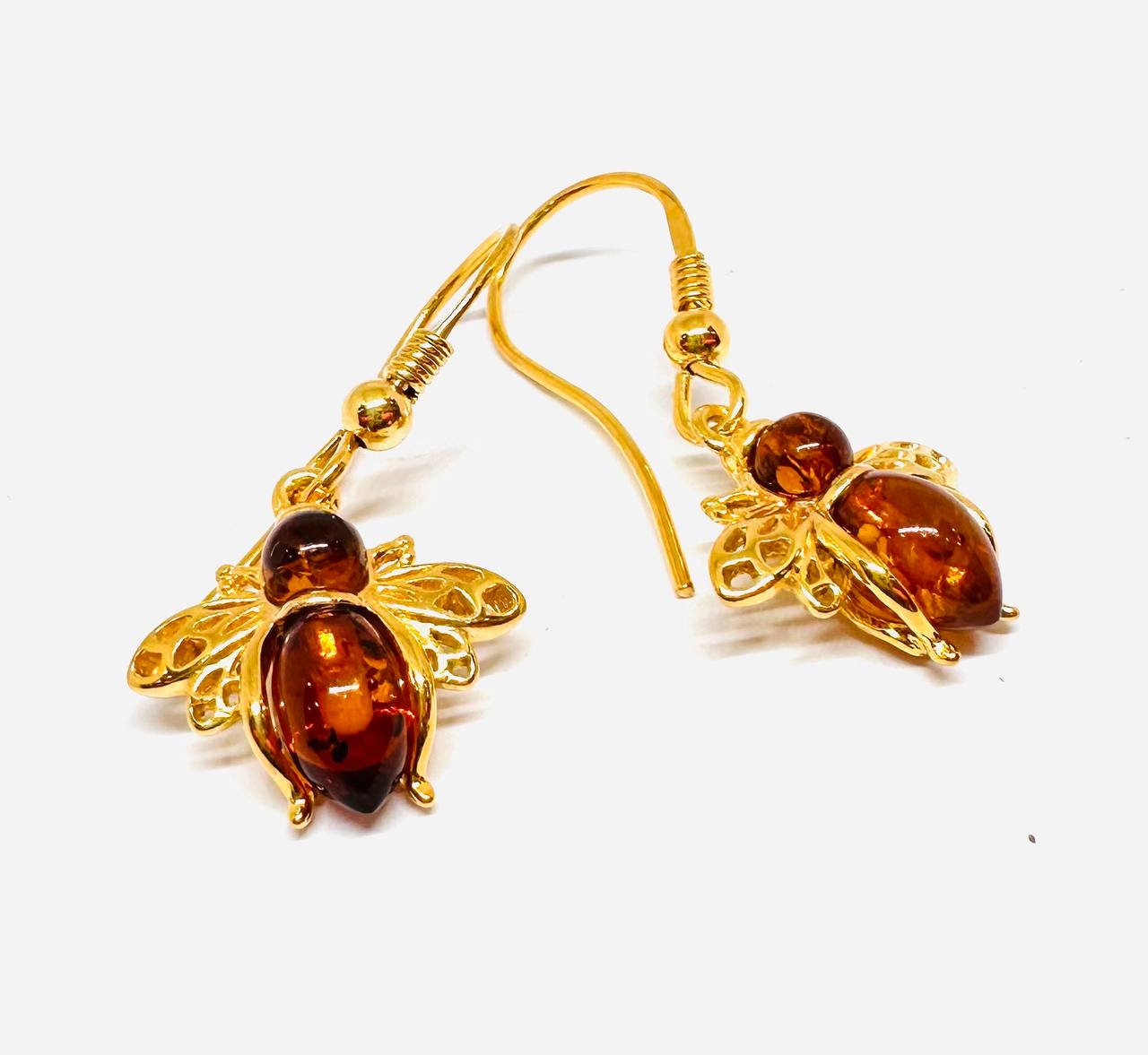 925 Sterling Silver, White Gold Plated Natural Amber Drop Earrings — Handcrafted 3