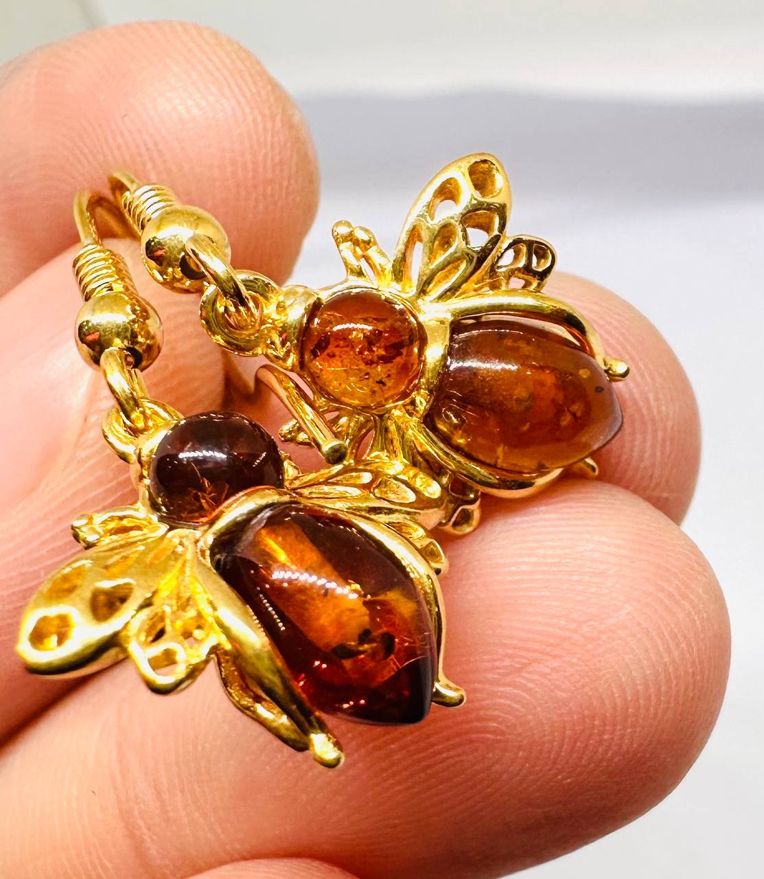 925 Sterling Silver, White Gold Plated Natural Amber Drop Earrings — Handcrafted 4