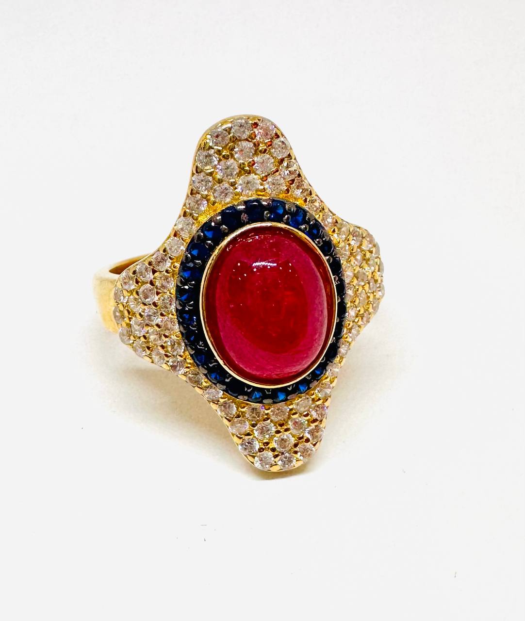 925 Sterling Silver, Gold Plated Natural Marquise Ruby Ring with Swiss Diamonds — Handcrafted