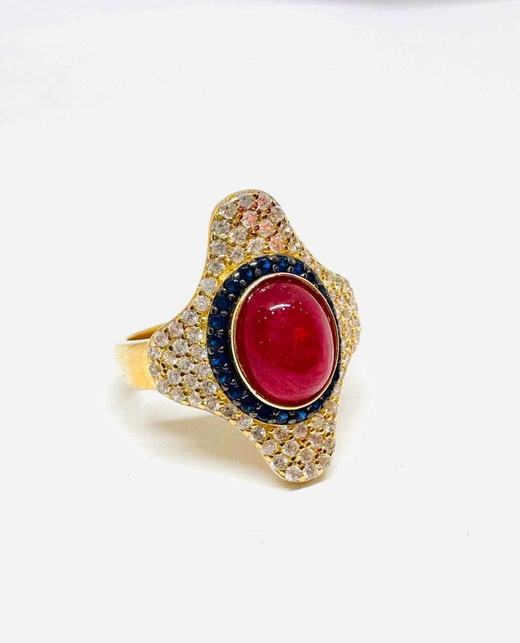 925 Sterling Silver, Gold Plated Natural Marquise Ruby Ring with Swiss Diamonds — Handcrafted 2